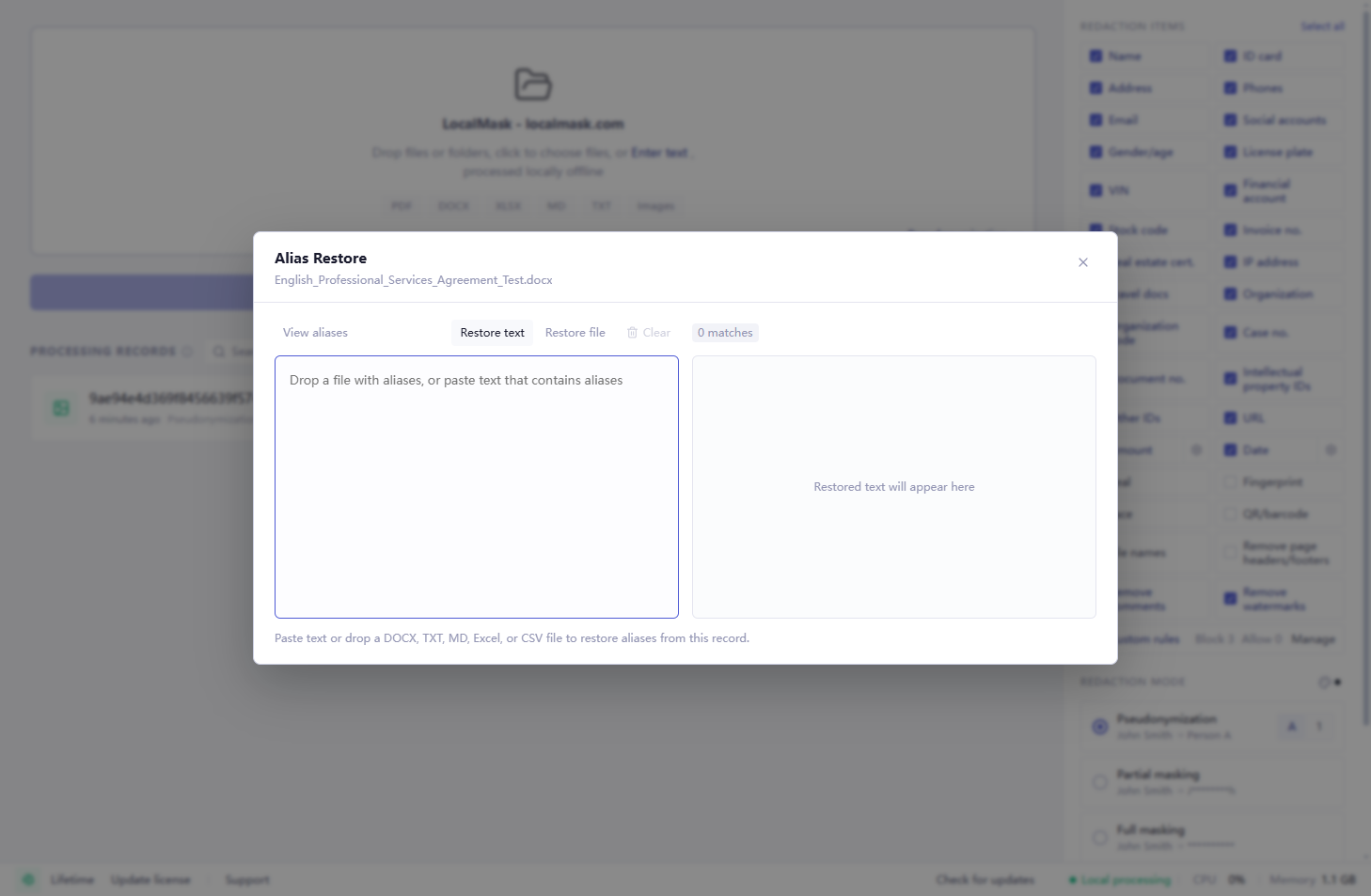 Alias Restore dialog in LocalMask