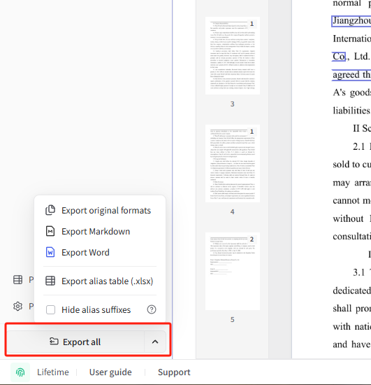 Export all menu in the bottom-left corner of the review workspace