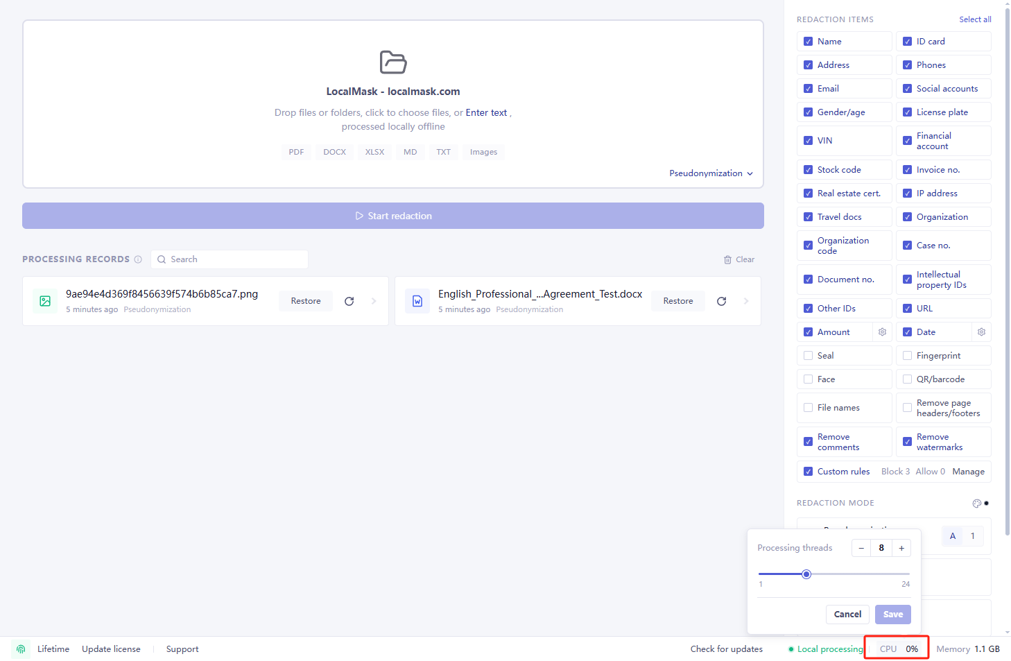CPU thread count settings in LocalMask