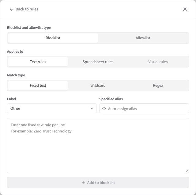 Add a text rule with a label and specified alias
