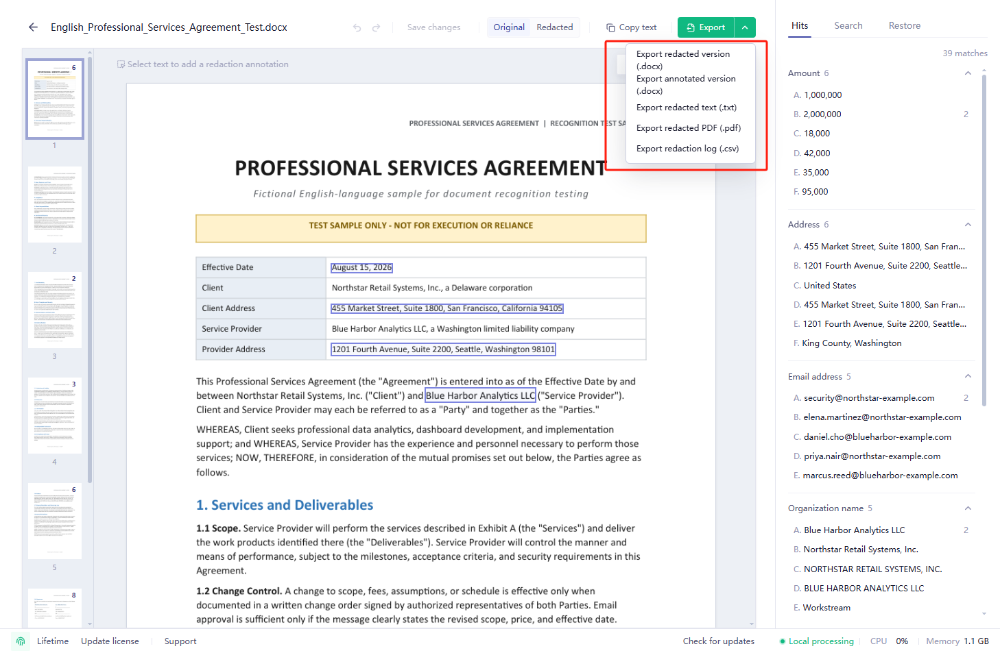 Export format menu in the English review workspace