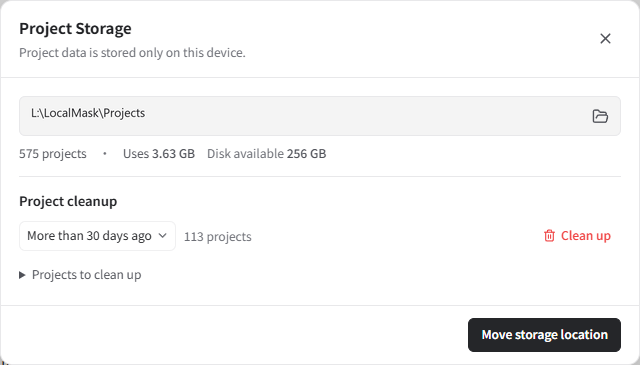 Project Storage dialog showing the project count, disk space, cleanup and storage migration controls