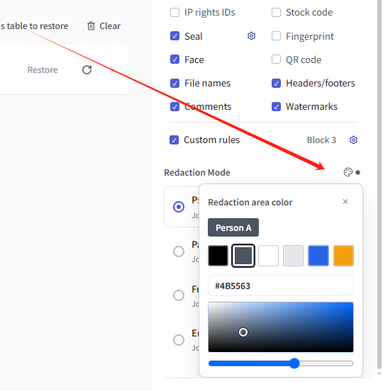 Palette icon beside Redaction Mode and the redaction area color picker