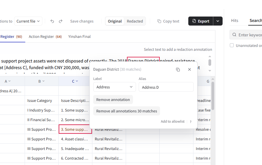 Cell details with the annotation editor open for changing its label and alias or removing matching annotations