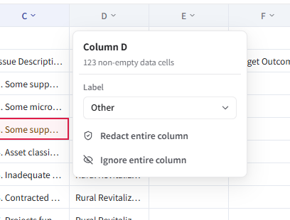 Excel column menu with label selection and actions to redact or ignore the entire column