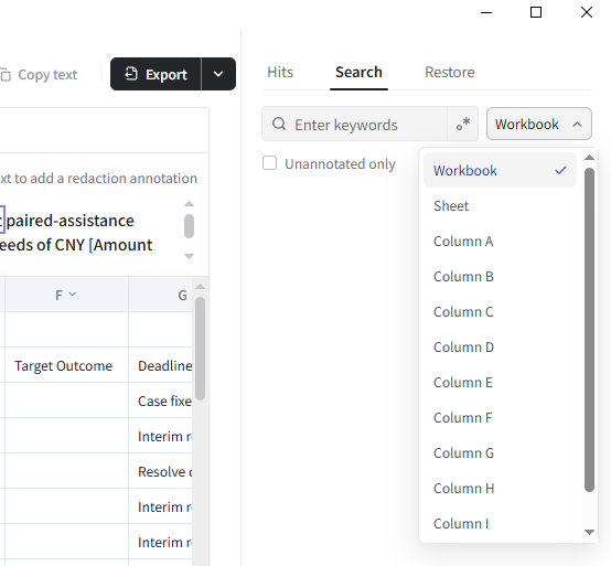 Search scope dropdown beside the Excel search field, with workbook, worksheet and column options