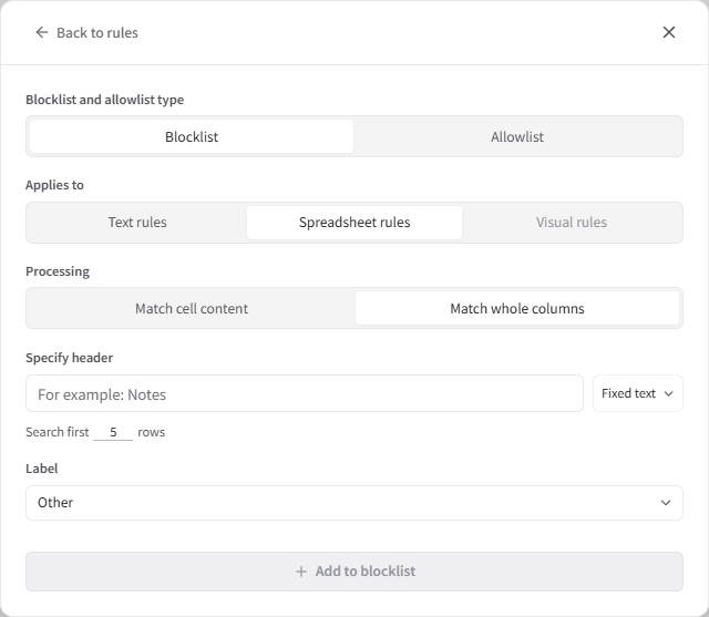 Match whole columns with a header condition and label