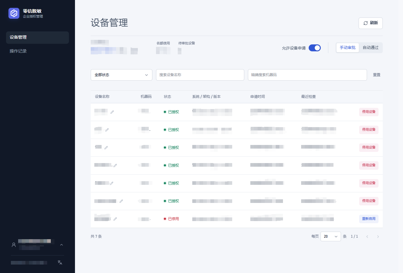 零信脱敏企业授权后台的设备管理界面